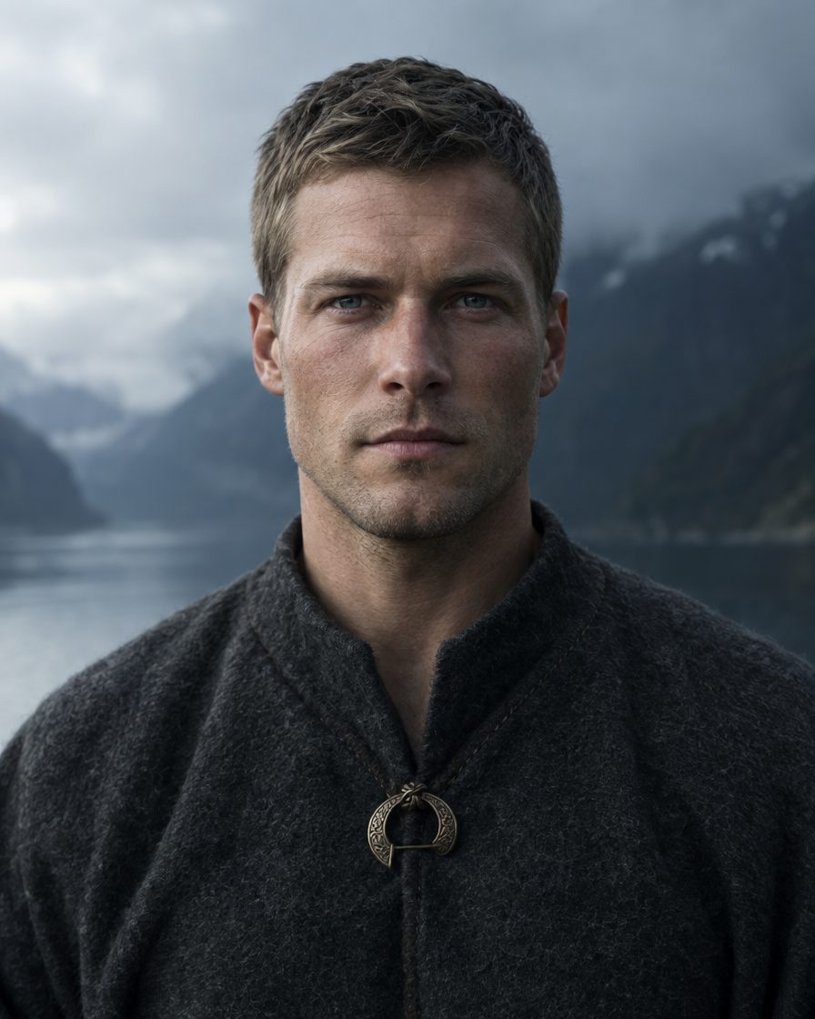 Photorealistic portrait of a fictional Nordic man at year 0 of an uncut beard and hair