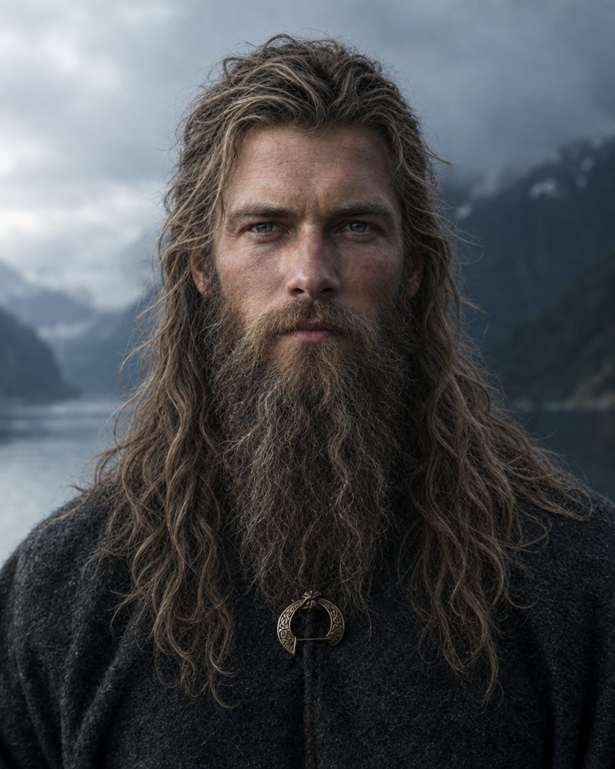 Photorealistic portrait of a fictional Nordic man at year 10 of an uncut beard and hair