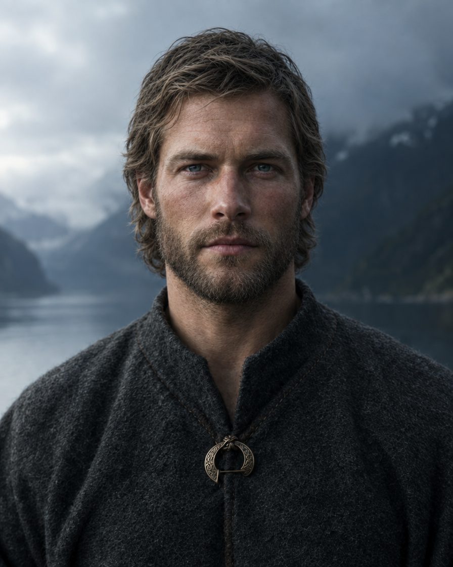 Photorealistic portrait of a fictional Nordic man at year 2 of an uncut beard and hair