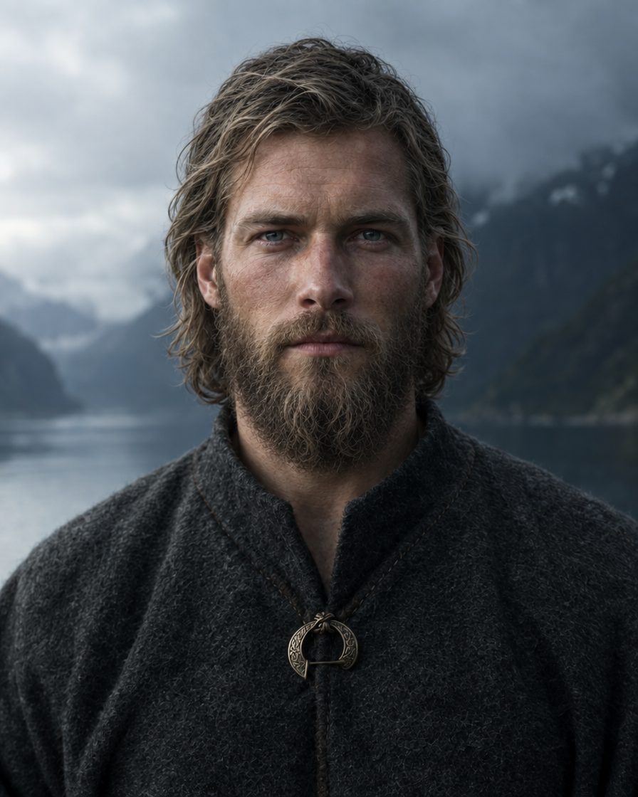 Photorealistic portrait of a fictional Nordic man at year 4 of an uncut beard and hair