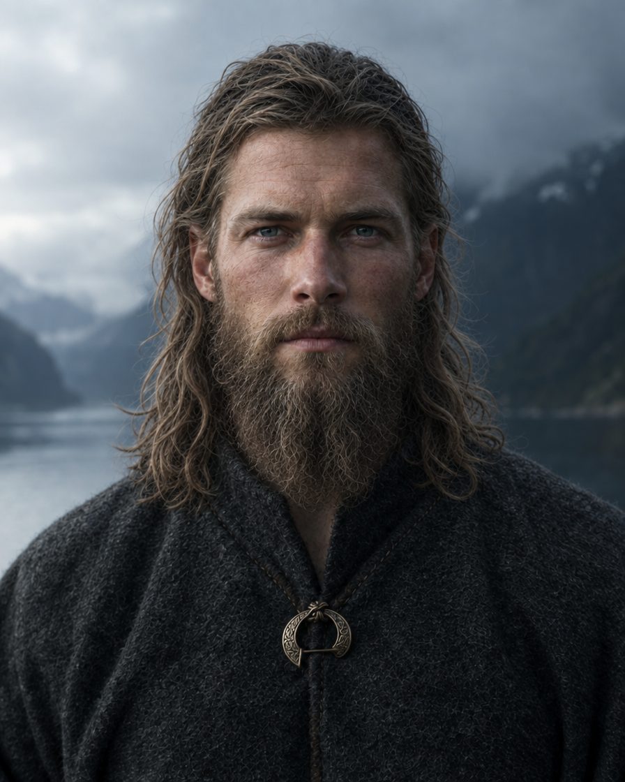 Photorealistic portrait of a fictional Nordic man at year 6 of an uncut beard and hair