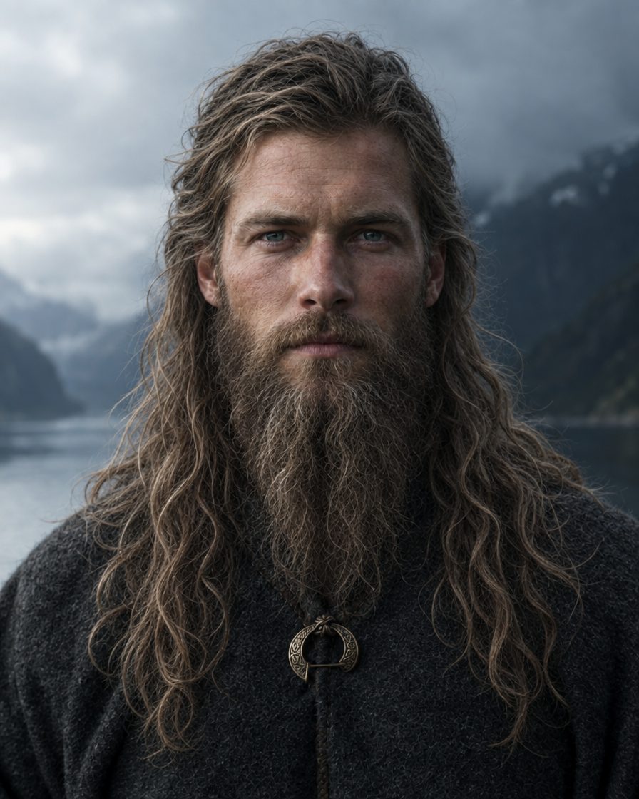 Photorealistic portrait of a fictional Nordic man at year 8 of an uncut beard and hair