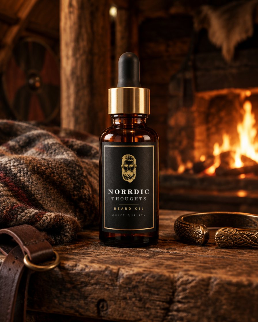 Norrdic Thoughts beard oil bottle in a Viking setting: the hearth