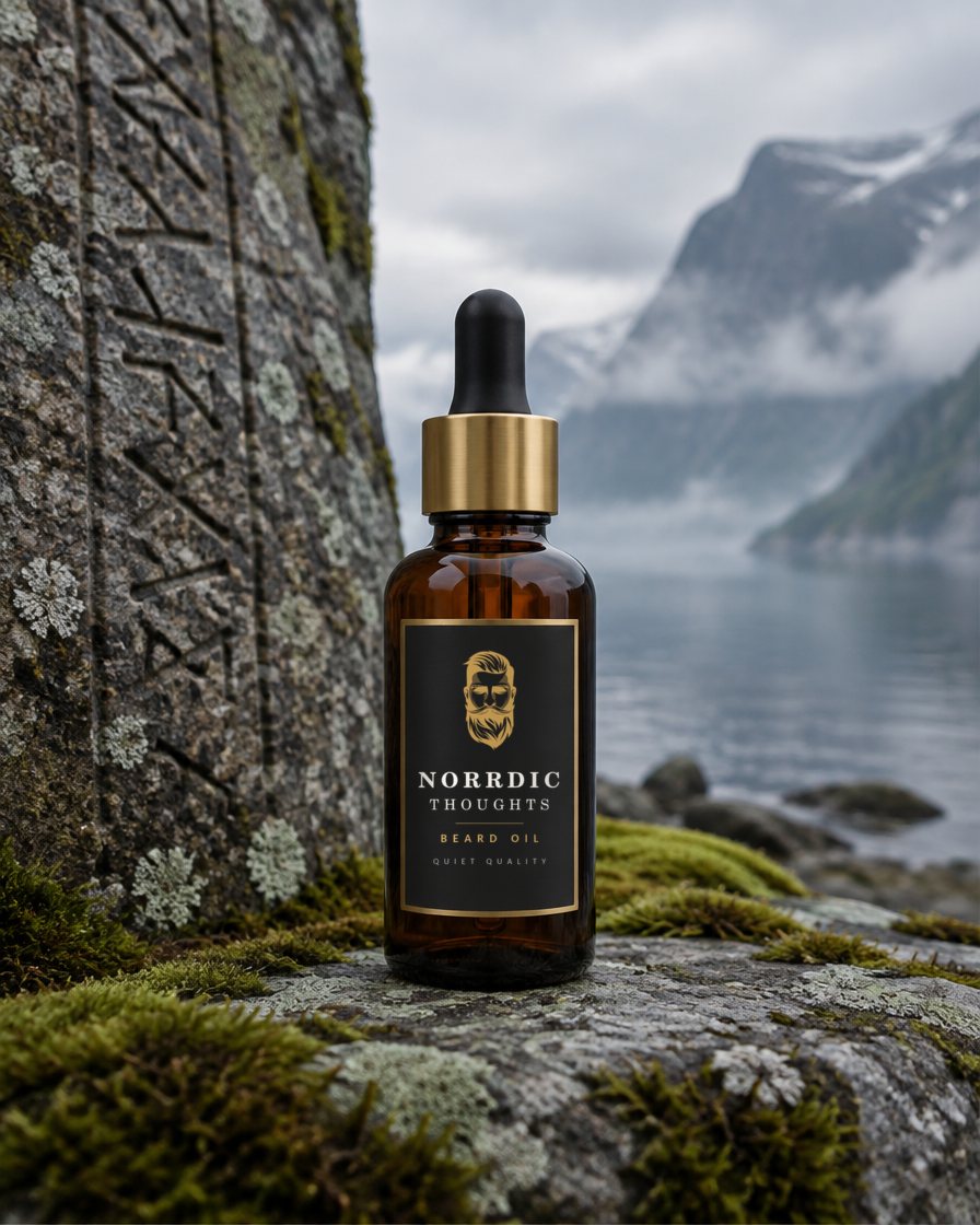 Norrdic Thoughts beard oil bottle in a Viking setting: the stone