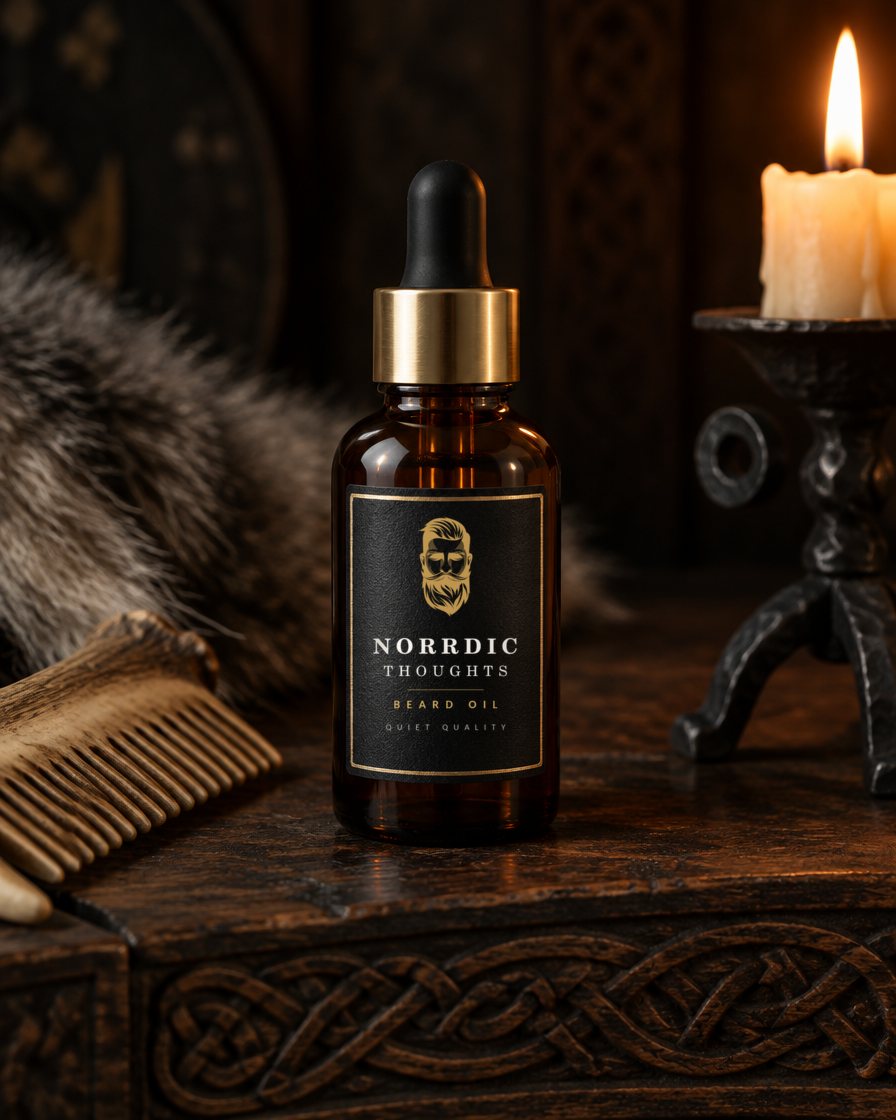 Norrdic Thoughts beard oil bottle in a Viking setting: the table